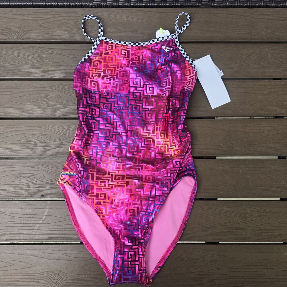 The Finals Womens Templed Foil Flutterback Swimsuit Pink Sz 38 New